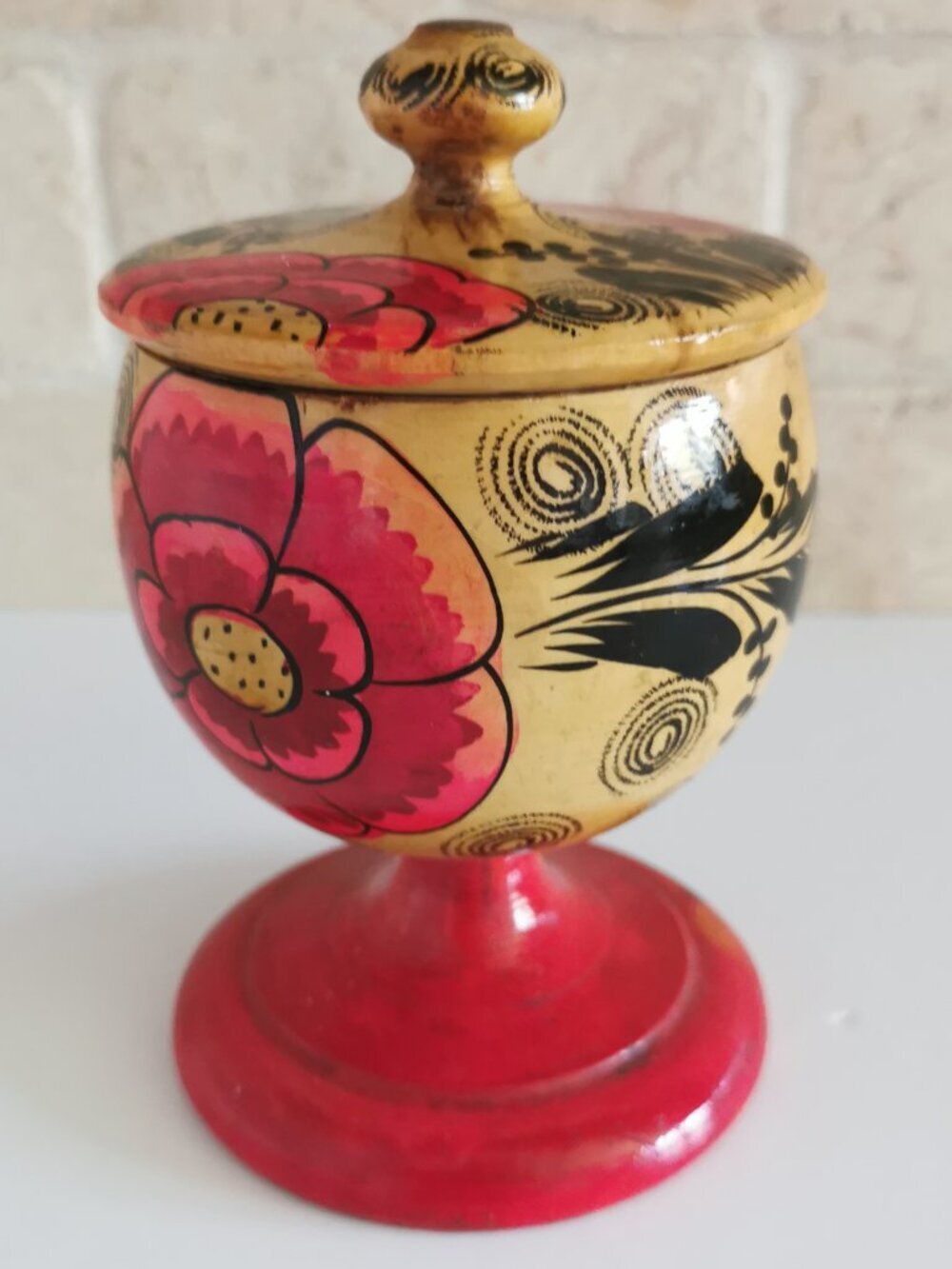 Vintage Hand-Carved Footed Wooden Bowl Russian Folk Art Lidded Storage Floral